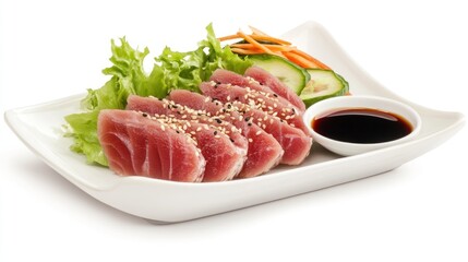 Delicious Tuna Tataki with Sesame Seeds, Served with a Side of Fresh Vegetables and Soy Sauce