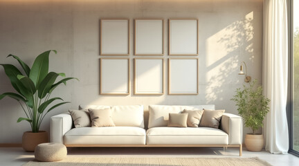 sunlit living room with cream sofa potted plants