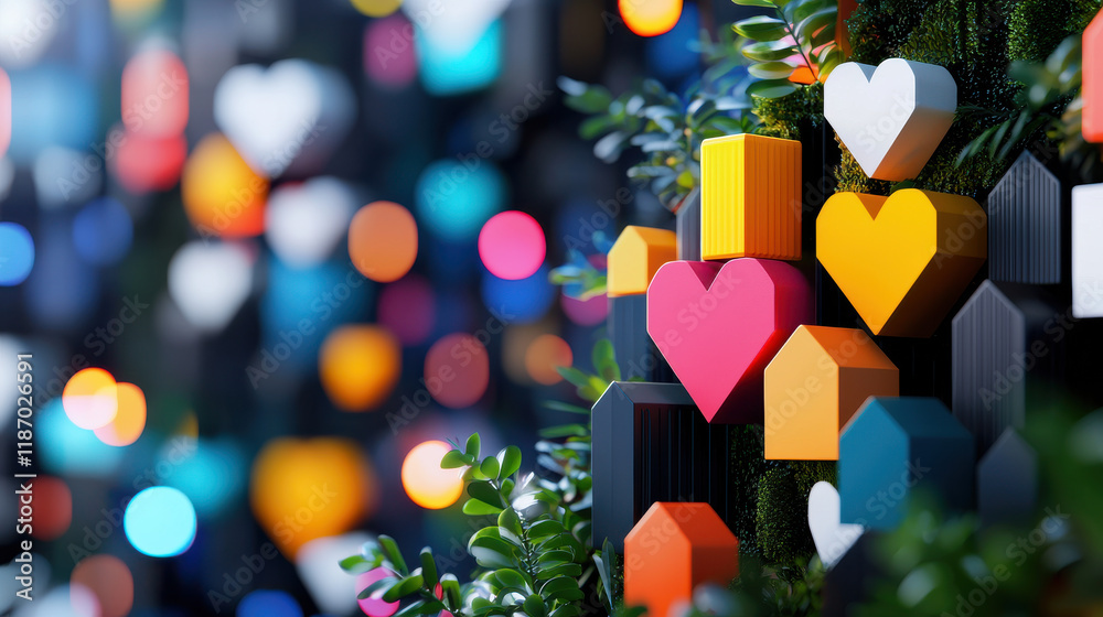 Poster colorful heart shapes and geometric designs create vibrant backdrop, surrounded by greenery and soft