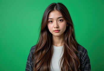 Obraz premium Portrait of a Young Asian Woman with Long Brown Hair Against a Vibrant Green Background: A Stunning Studio Shot Showcasing Natural Beauty and Calm Demeanor