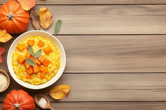 Risotto cremoso de calabaza butternut decorado con hojas y calabazas en un entorno oto&ntilde;al