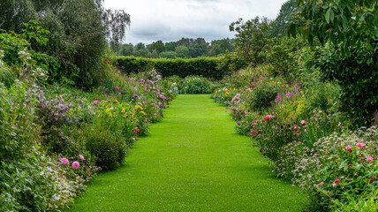 Obraz premium A lush green garden adorned with dew-covered grass and vibrant blooming flowers, creating a serene and refreshing landscape that invites tranquility and appreciation of nature’s beauty. 