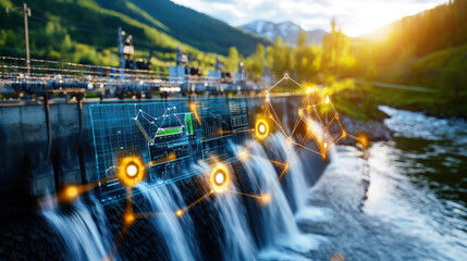 digital dashboard overlay on serene hydroelectric dam, showcasing data visualization and analytics. sun sets behind mountains, enhancing tranquil atmosphere