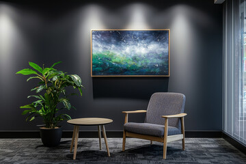 Modern waiting area with abstract artwork, plant, and armchair.