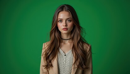 Portrait of a Young Woman with Long Brown Hair Against a Vibrant Green Background: A Stunning Studio Shot Emphasizing Natural Beauty and Elegant Style