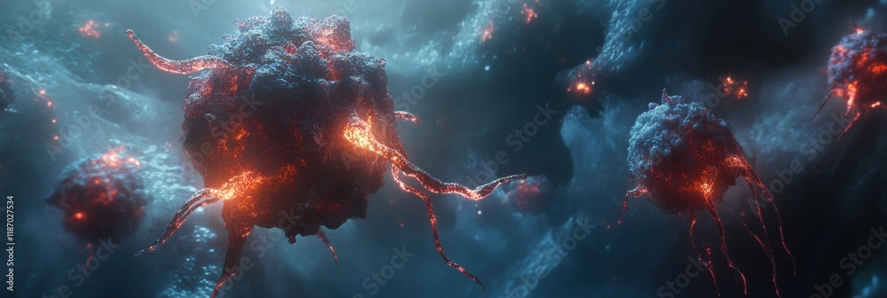 Fototapete Cancer cells with glowing edges depicted in a science visualization highlighting cellular abnormalities and growth. Generative AI