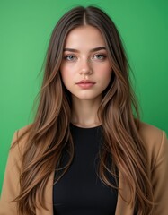 Portrait of a Young Woman with Long Brown Hair Against a Green Background: A Stunning Display of Beauty and Elegance