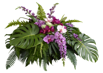 Tropical vibes plant bush floral arrangement with tropical leaves Monstera and fern and Vanda orchids tropical flower decor on tree branch liana vine plant isolated on white background
