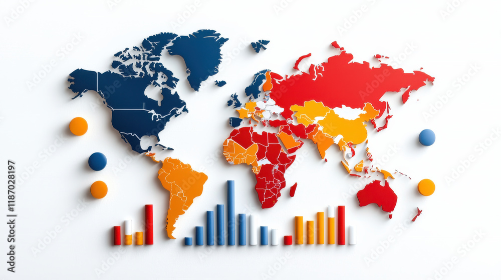 Aufkleber Global economic trends illustrated on colorful world map with graphs. map features various colors representing different regions, showcasing data visually