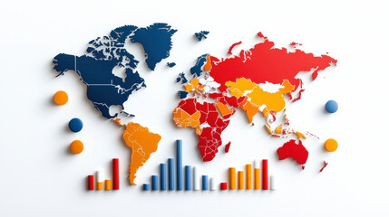 Global economic trends illustrated on colorful world map with graphs. map features various colors representing different regions, showcasing data visually