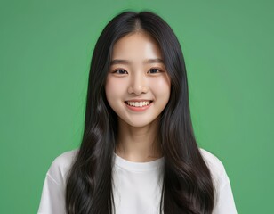 Portrait of a Smiling Young Asian Woman with Long Black Hair Against a Vibrant Green Background: A Studio Shot Emphasizing Youthful Radiance and Positive Energy