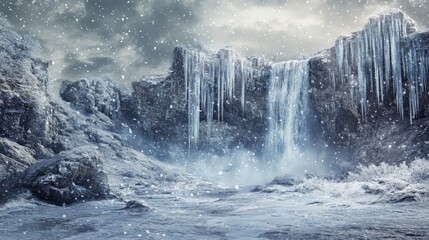 Majestic frozen waterfall in snowy canyon during winter ice storm.