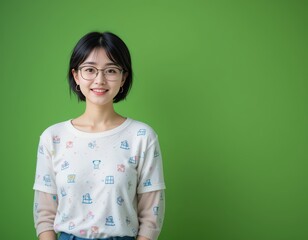 Portrait of a Smiling Young Woman with Short Hair Wearing Glasses and a Cute Patterned Sweater Against a Vibrant Green Background: A Studio Shot Emphasizing Positivity and Youthful Energy