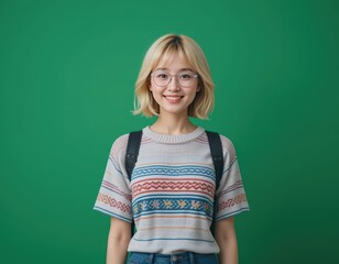 Portrait of a Smiling Young Asian Woman Student with Backpack Against a Green Background, Happy and Confident Female College Student Wearing Glasses and a Stylish Sweater