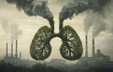 This artwork shows the stark contrast between industrial pollution and nature, featuring tree-shaped lungs against smoke-emitting factories, emphasizing environmental issues.