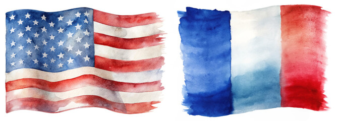 Watercolor flags, American flag, French flag, patriotic symbols, artistic representation, vibrant colors, cultural identity.