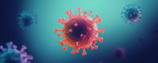 microscopic virus, spiky pink sphere, underwater background, blue water, floating particles, scientific illustration, 3D rendering, medical visualization, microbiology, pandemic concept, high detail, 