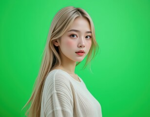 A Stunning Portrait of a Young Woman with Blonde Hair Against a Vibrant Green Background: A Captivating Study in Beauty and Simplicity