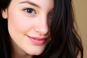 Obraz premium Close-up of a beautiful woman with glowing skin, posing in a studio setting. Ideal for beauty, skincare, and cosmetics advertisements. High quality image for conceptual and promotional use. 