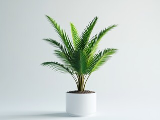 Obraz premium Indoor potted palm plant, minimalist white background, home decor, website design.