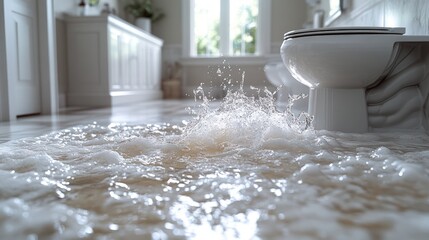 Flooded bathroom floor with toilet overflowing; water damage.