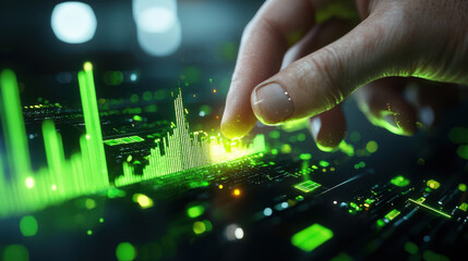 Digital hand interacting with green data visualization, showcasing technology and innovation in data analysis and digital economy