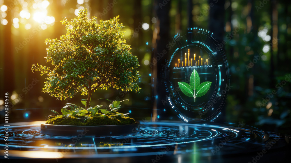 Poster digital representation of tree surrounded by data visualization, symbolizing green economy and sustainability. scene conveys sense of innovation and environmental awareness