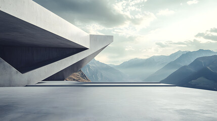 abstract architectural design in 3d rendering showcasing an ancient inspired structure with an expansive empty parking area, concrete flooring, and a stunning backdrop of mountains and open sky.