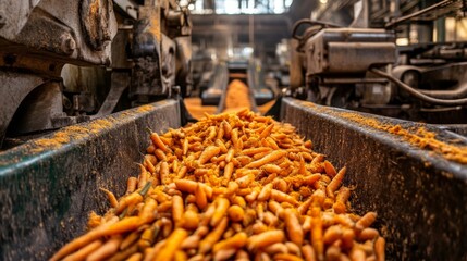 Carrots Conveyed Along Industrial Conveyor Belt