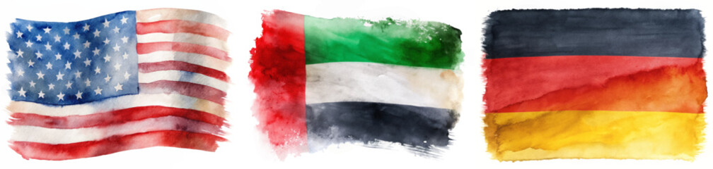 Watercolor flags, American flag, German flag, UAE flag, vibrant colors, artistic representation, cultural symbols.