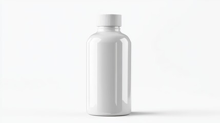White plastic bottle, minimalist design, plain packaging, pharmaceutical style, studio lighting, soft shadows, clean background, product photography, matte finish, cylindrical shape, medical aesthetic