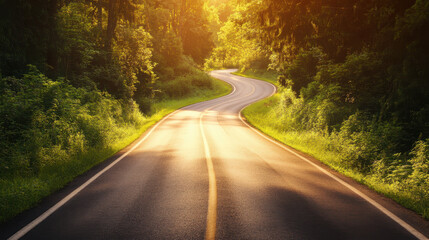 Fototapeta premium Serene winding road through lush green forest.