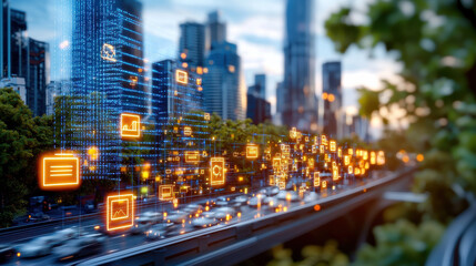 digital representation of global economic forecasting with urban skyline, traffic, and data icons. image conveys sense of connectivity and modern technology