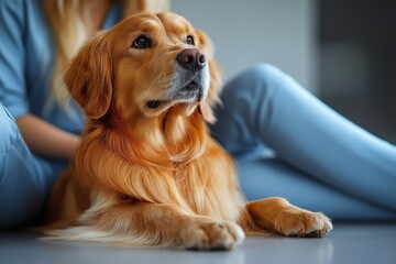 A golden retriever rests calmly in a veterinary clinic, showcasing the importance of pet emergency care and compassionate animal treatment during visits to veterinary medicine.