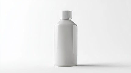 White plastic bottle, minimalist design, plain packaging, pharmaceutical style, studio lighting, soft shadows, clean background, product photography, matte finish, cylindrical shape, medical aesthetic