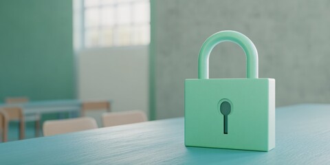 Pastel Green Padlock on Teal Table Minimalist Security Concept