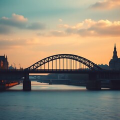 Naklejka premium Sunset over city bridge and river.