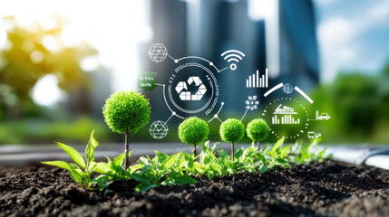 digital representation of green economy showcasing growth, sustainability, and technology. image features small plants with data graphics symbolizing eco friendly practices
