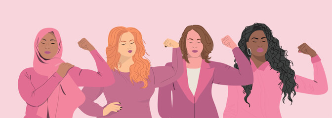 Womens Day 2025 in pink color. Accelerate Action. Women community showing biceps