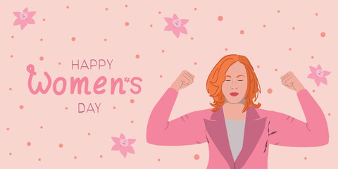 Happy Womens Day. Woman in pink showing her biceps. Holiday vector illustration
