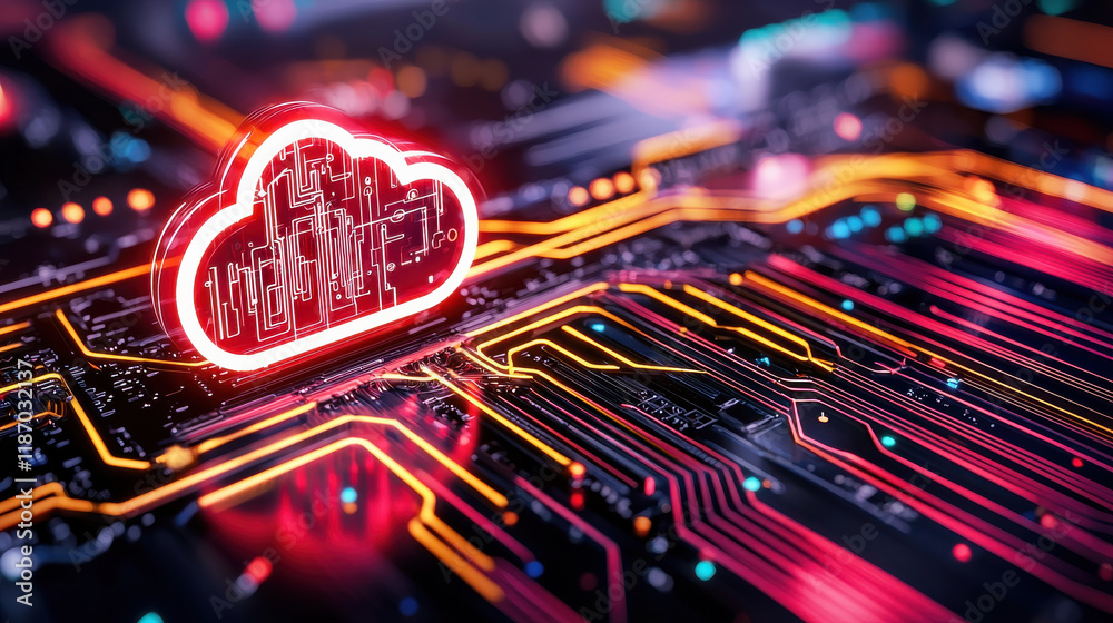 Aufkleber digital representation of cloud computing with vibrant circuits and data analytics. glowing cloud symbol highlights integration of technology and innovation in future