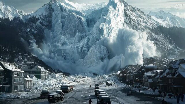 Massive avalanche descends on a snowy village in the mountains