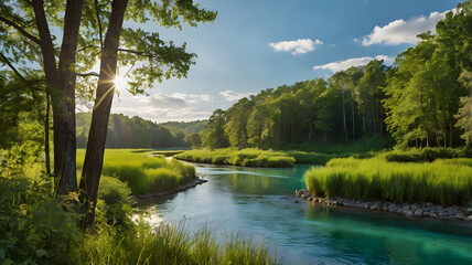 Fototapeta premium A serene depiction of green forests and flowing rivers, emphasizing sustainability, growth, and environmental responsibility.