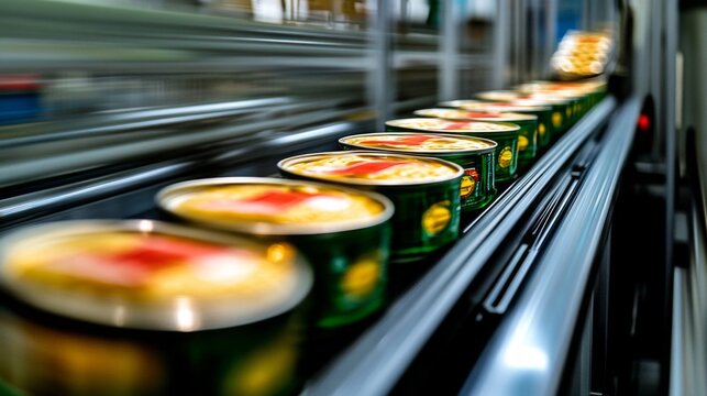 Canned Food Moving Along A Conveyor Belt System