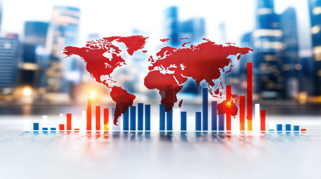 digital world map showcasing economic indicators with vibrant bar graphs. This represents global data trends and financial analysis in modern city backdrop