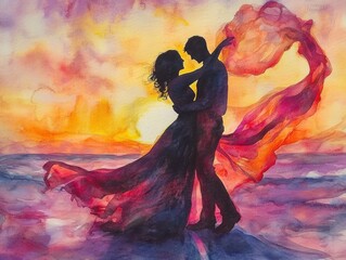 Romantic sunset embrace beach watercolor art serene atmosphere silhouette view love concept