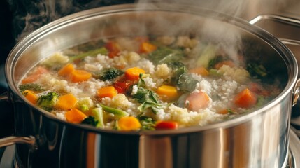 Steaming Vegetable Rice Soup In A Pot