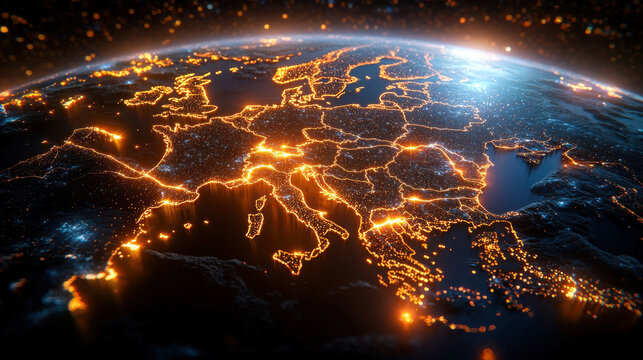 digital world map highlighting economic trends with glowing city lights across Europe, showcasing interconnectedness and growth