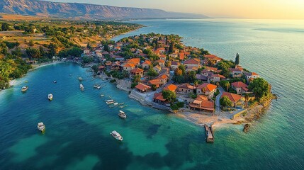 Coastal village aerial view, sunrise, boats, mountains.