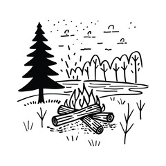 elegant illustration of a campfire with beautiful scenery on white background line art